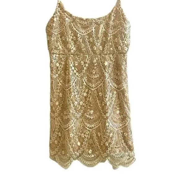 Here Comes The Sun Gold Sequin Mini Dress Boho Babydoll Fairycore Party Glam USA - Picture 12 of 16